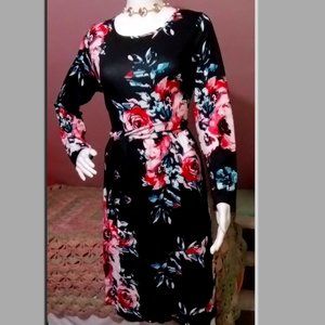 Floral Long Sleeve Dress (L) Midi Length